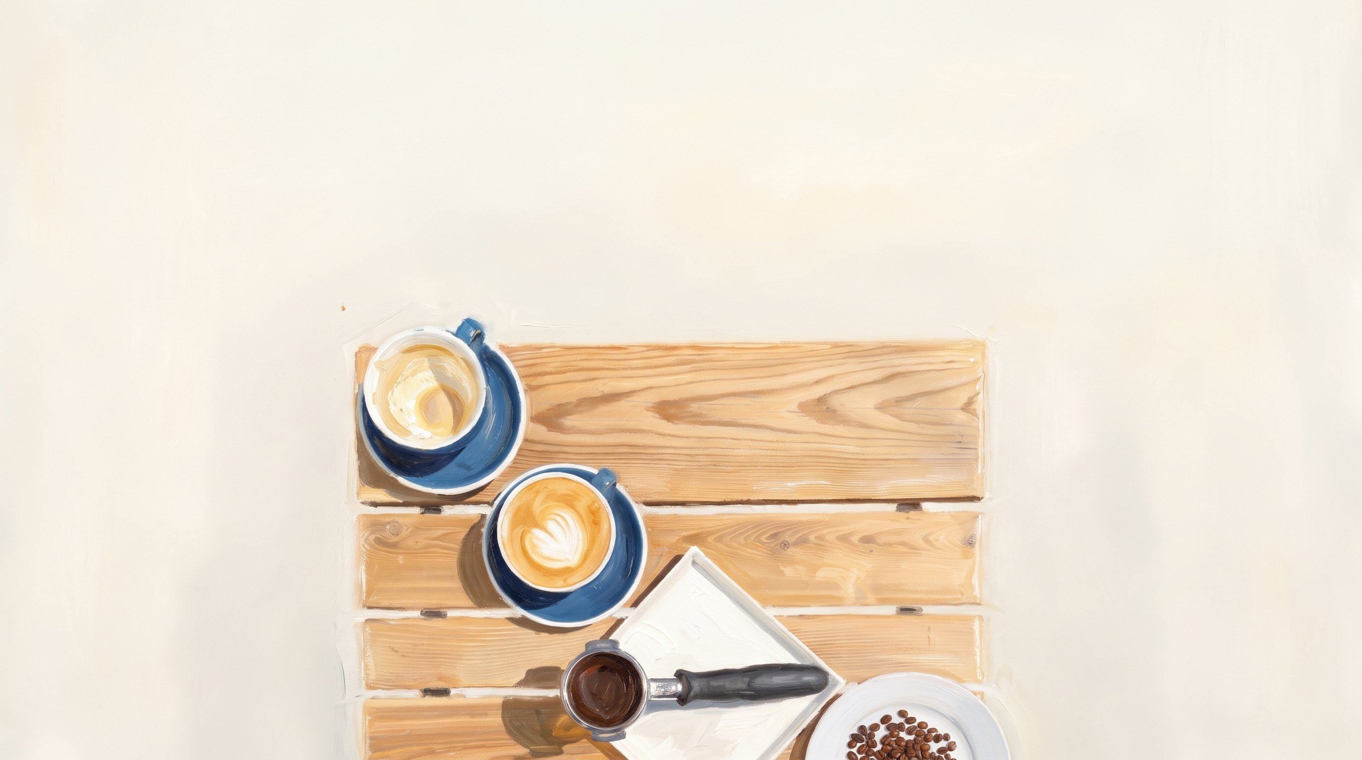 Coffee on Switchboard Cafe's patio table, seen from above in the morning sun